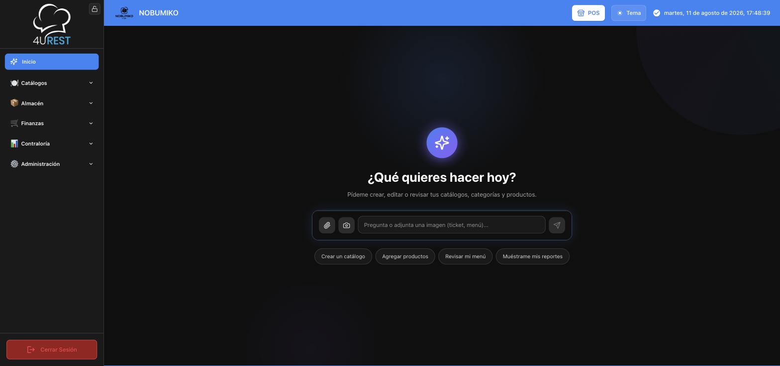 Asistente de 4uRest preguntando qué quieres hacer hoy, con campo para escribir o adjuntar una imagen