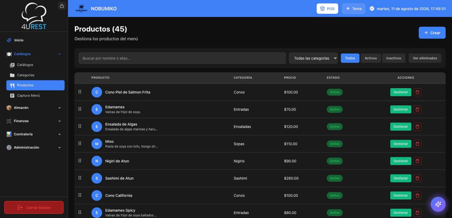 Catálogo de productos de 4uRest con categorías, precios y estado